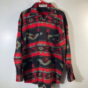Mens Vintage Bugle Boy Fleece Snap Aztec Shacket M Red Black‎ Green Polyester